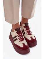 Skórzane Sneakersy Damskie Na Platformie Zazoo 3775 Beżowo-Bordowe