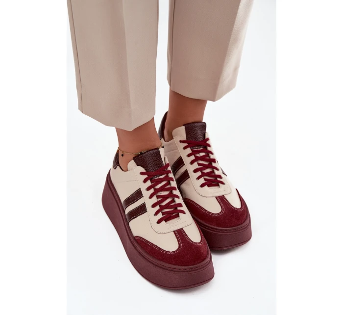 Skórzane Sneakersy Damskie Na Platformie Zazoo 3775 Beżowo-Bordowe