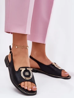 Eleganckie Sandały Z Ozdobą Na Płaskim Obcasie S.Barski KV51-003 Czarne