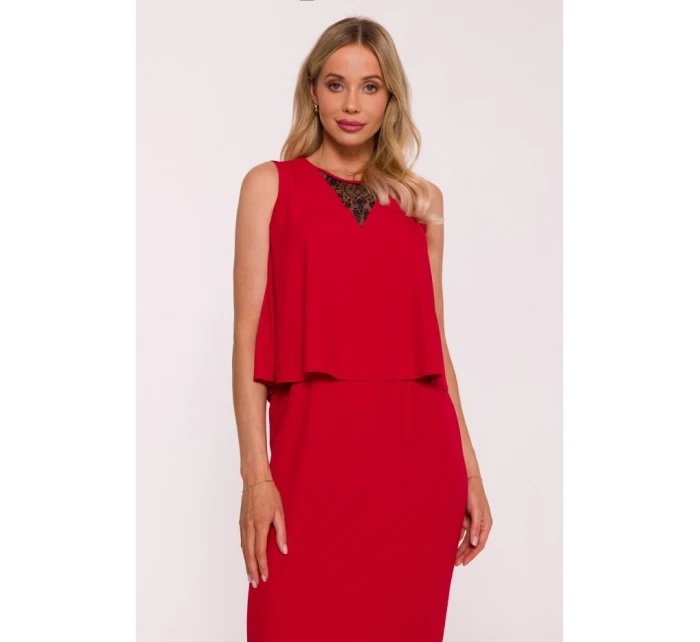 S422 Šaty s čipkovanou vsadkou - červené S422 Šaty s čipkovanou vsadkou - červené