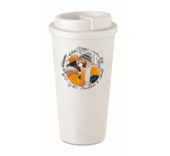 Personalizovaný cestovní termohrnek s květinový ohraničením 