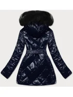 Tmavomodrá lesklá zimná bunda s machovou kožušinovou podšívkou (w756)