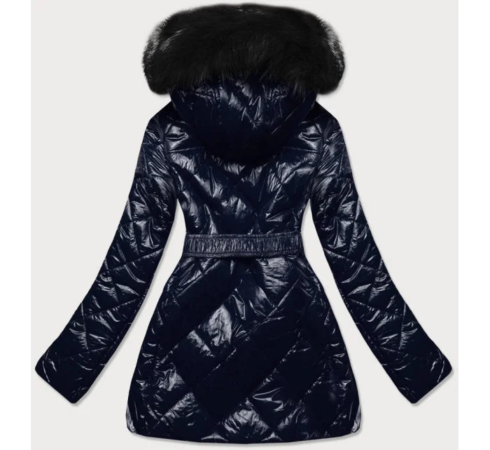 Tmavomodrá lesklá zimná bunda s machovou kožušinovou podšívkou (w756)