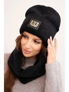 Dámska fleecová čiapka a šál s ozdobnou aplikáciou čierna