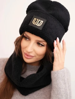 Dámska fleecová čiapka a šál s ozdobnou aplikáciou čierna