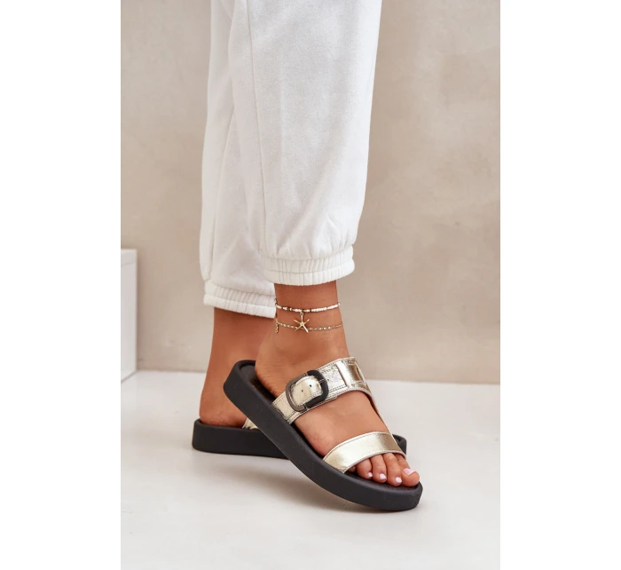 Skórzane Klapki Damskie Na Platformie Zazoo 3024 Złote