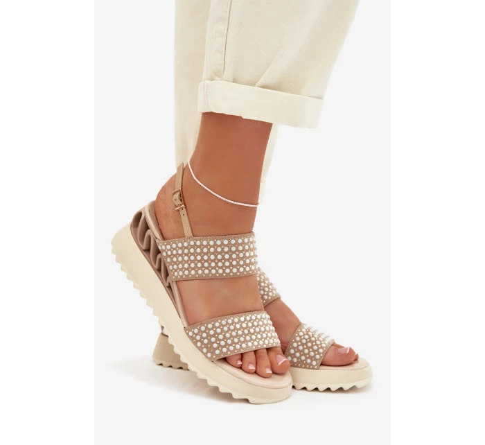 Kožené semišové sandály s ozdobou D&A CR61-3067 Béžové