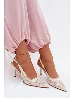Krajkové Sandály na Podpatku Světle Béžové model 22103019 - Boto