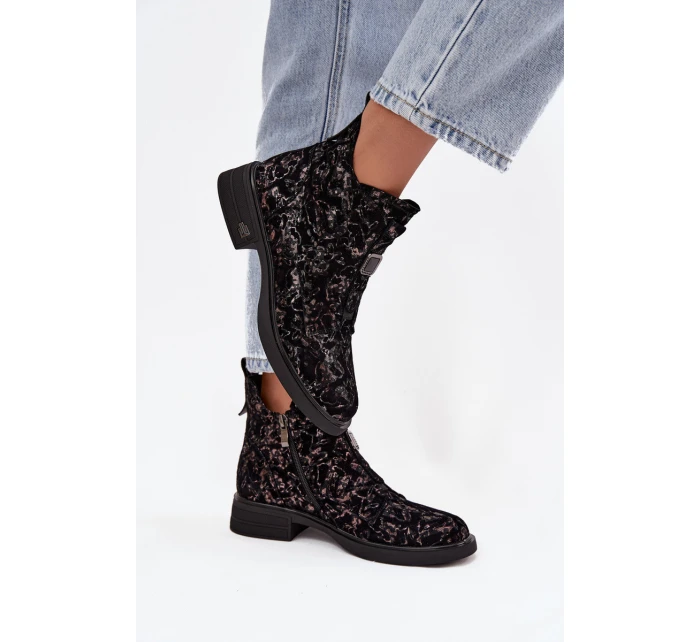 Dámske členkové topánky z pravého semišu na nízkom podpätku - čierno-hnedé D&A Dámske členkové topánky z pravého semišu na nízkom podpätku - čierno-hnedé D&A