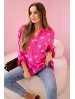 Dámska ľanová blúzka s kvetinovým vzorom, dlhými rukávmi a gombíkmi Ružová