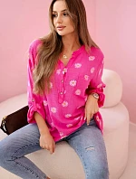 Dámska ľanová blúzka s kvetinovým vzorom, dlhými rukávmi a gombíkmi Ružová