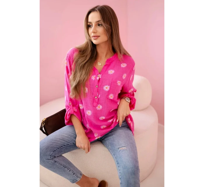 Dámska ľanová blúzka s kvetinovým vzorom, dlhými rukávmi a gombíkmi Ružová