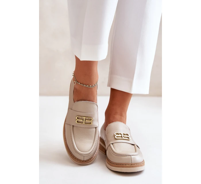 Zazoo 20174 Skórzane Eleganckie Półbuty Damskie Na Płaskim Obcasie Beżowe