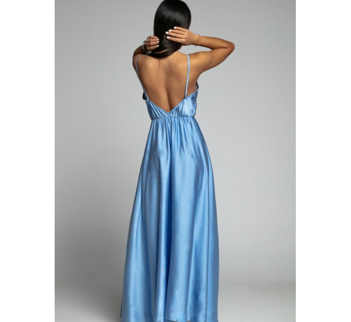 Dlhé modré saténové šaty s ramienkami