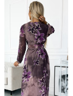 Dámske dlhé plisované šifónové šaty s výstrihom, dlhými rukávmi, širokým opaskom a veľkými fialovými kvetmi 520-1