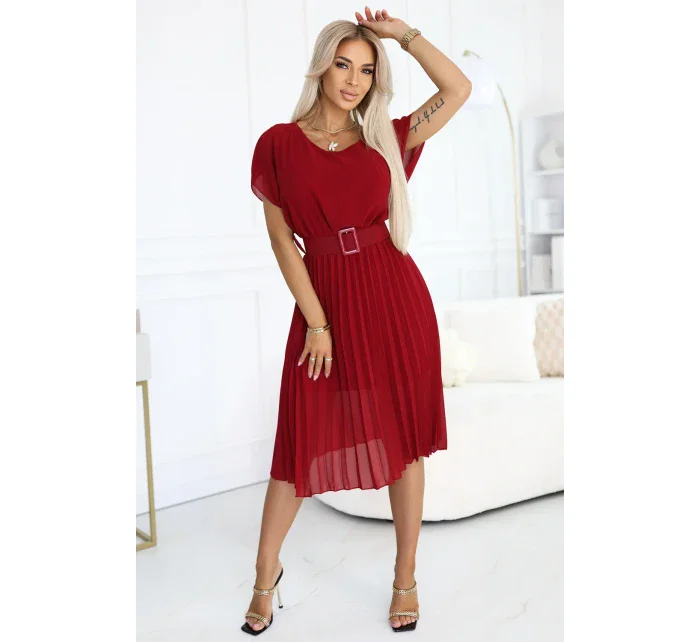 465-5 MIA Plisované šifónové midi šaty so širokým opaskom - Bordeaux 465-5 MIA Plisované šifónové midi šaty so širokým opaskom - Bordeaux