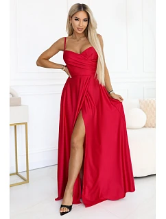 646-3 Dlhé spoločenské šaty bez ramienok s rozparkom na nohách - červené