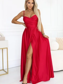 model 22015478 Dlouhé společenské šaty bez ramínek s rozparkem na nohou červené - numoco basic