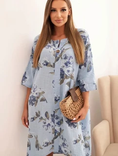 Dámske bavlnené šaty s kvetinovým vzorom a 3/4 rukávmi modrej farby