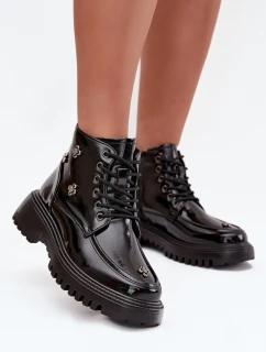 Skórzane Ocieplane Botki Damskie Z Ozdobami Lakierowane Artiker 57C0345 Czarne