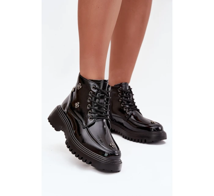 Skórzane Ocieplane Botki Damskie Z Ozdobami Lakierowane Artiker 57C0345 Czarne