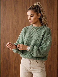 Dámský volný svetr s kulatým výstřihem, zelený, FashionStreet MY2588