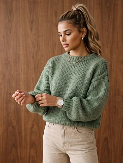 Dámsky voľný sveter s okrúhlym výstrihom, zelený, FashionStreet MY2588