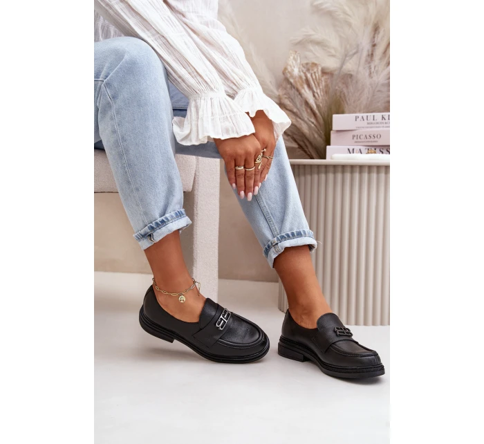 Zazoo 20174 Skórzane Eleganckie Półbuty Damskie Na Płaskim Obcasie Czarne