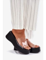 Klapki Damskie Z Transparentnym Paskiem Na Koturnie Czarne Meltiana