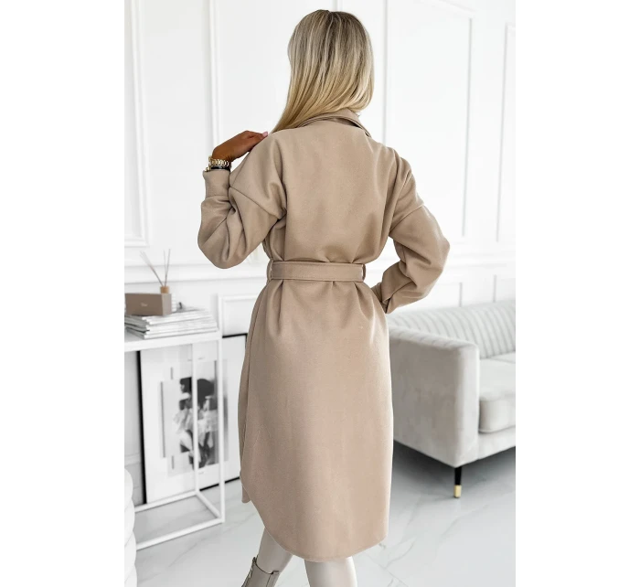 Teplý béžový kabát s knoflíky a zavazováním v pase model 21883682 - numoco basic