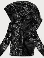 Lesklá čierna dámska bunda s kapucňou (B9575)