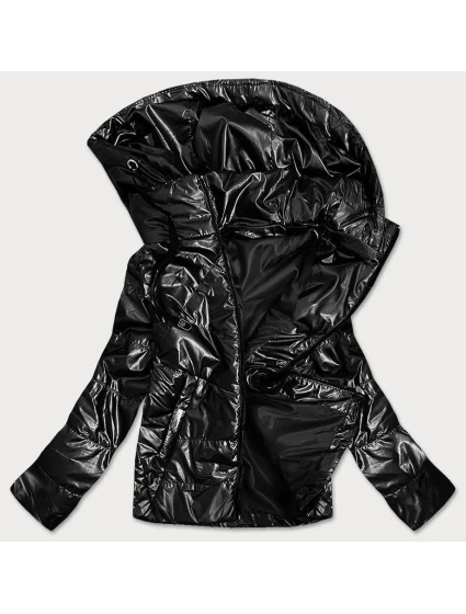 Lesklá čierna dámska bunda s kapucňou (B9575)