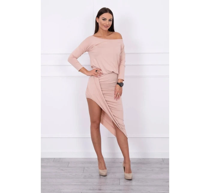 Asymetrické šaty, 3/4 rukávy, púdrovo béžové