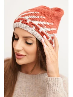 Dámska zimná vlnená čiapka s geometrickým vzorom a kamienkami K469 hnedá