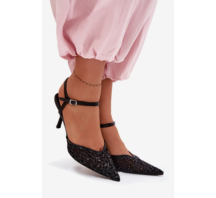 Dámské síťované sandály na podpatku s lesklým zdobením Černé Laria