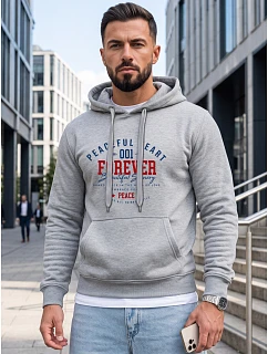 Pánska mikina s kapucňou a vreckom na hrudi s potlačou, svetlošedá, FashionStreet NX5150BX