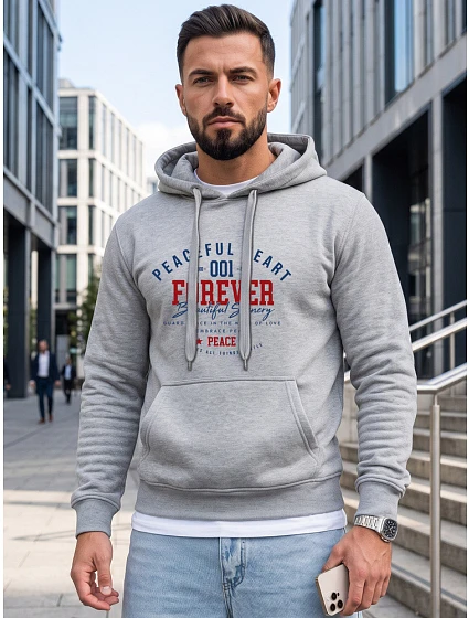 Pánska mikina s kapucňou a vreckom na hrudi s potlačou, svetlošedá, FashionStreet NX5150BX