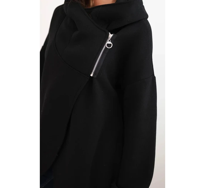 Dámská mikina s kapucí a asymetrickým zipem teplá černá