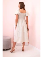 Dámské viskózové šaty s nabíranými rukávy a volánkovým topem béžový