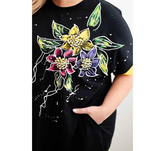 Dámske Plus veľkosť tunika s kvetinovým vzorom a dekoratívne korálky žltá