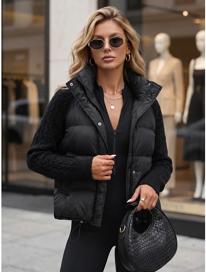 Dámska prešívaná péřová bunda s pletenými rukávmi, čierna, FashionStreet TY5930