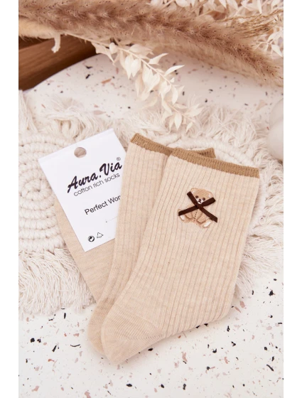 Bavlněné ponožky pruhované s medvídkem Béžové