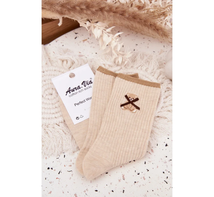 Bavlněné ponožky pruhované s medvídkem Béžové