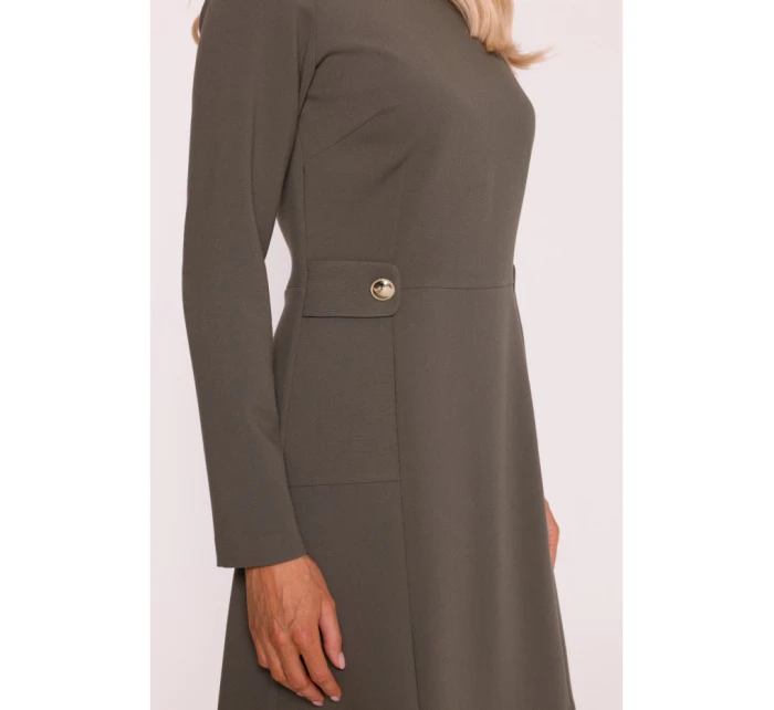 S419 Šaty s ozdobnými gombíkmi v páse - khaki