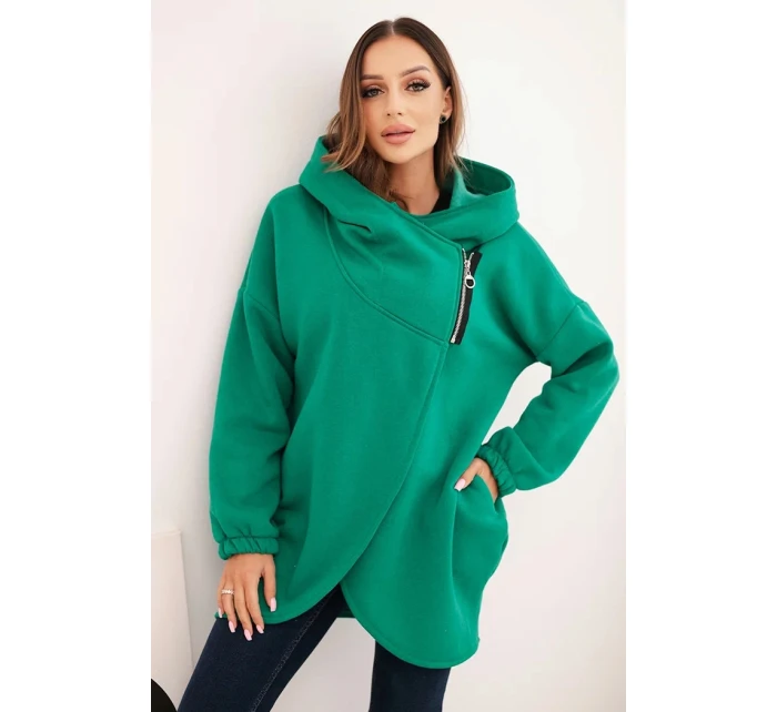 Dámska mikina s kapucňou s asymetrickým zipsom zelená