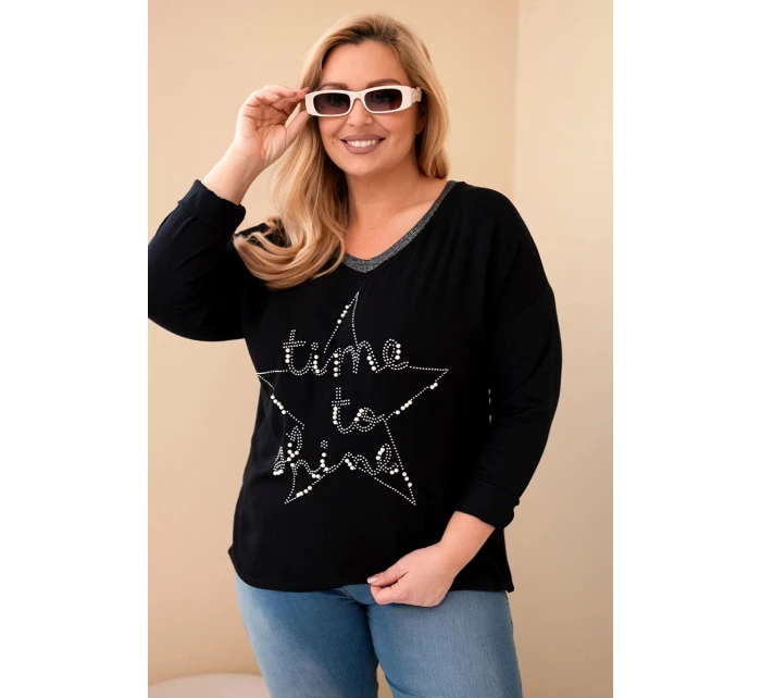 Dámská blůza Plus Size s nápisem a perlami černá
