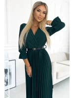 Dámské plisované maxi šaty v lahvově zelené barvě s výstřihem, opaskem a 3/4 rukávy model 22124213 - numoco basic