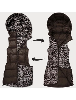 Silnejšia obojstranná vesta v čokoládovej farbe so vzorom pantera a odnímateľnou kapucňou (T5-2602#-103)