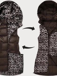 Silnejšia obojstranná vesta v čokoládovej farbe so vzorom pantera a odnímateľnou kapucňou (T5-2602#-103)