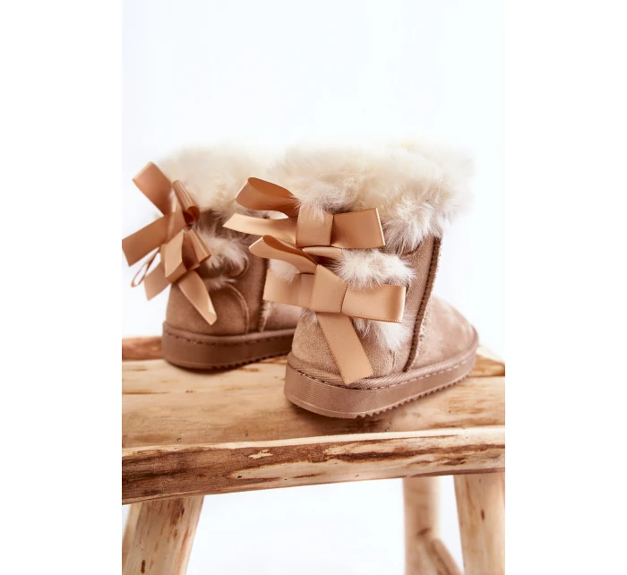 Dziecięce Ocieplane Botki Z Kokardkami Śniegowce Jasnobeżowe Funky Dziecięce Ocieplane Botki Z Kokardkami Śniegowce Jasnobeżowe Funky